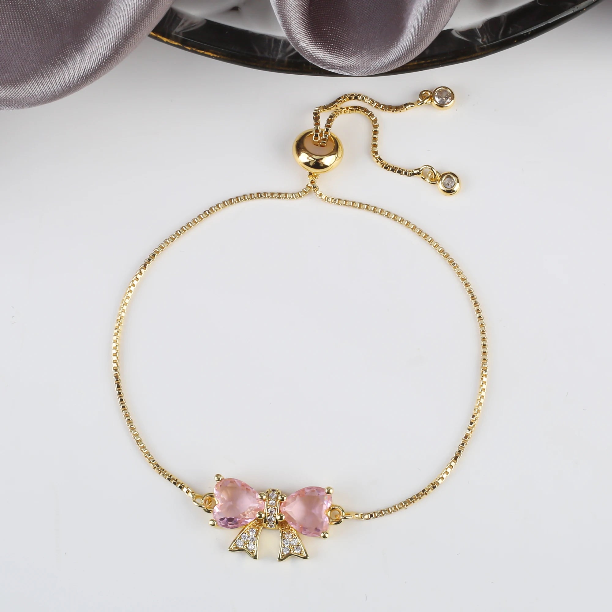 8 Colors Hot Sale Heart Shape Crystal Bow Zirconia Adjustable Bracelet Hip Hop Woman Girl Party Gift Fashion Friendship Jewelry Qme Pink