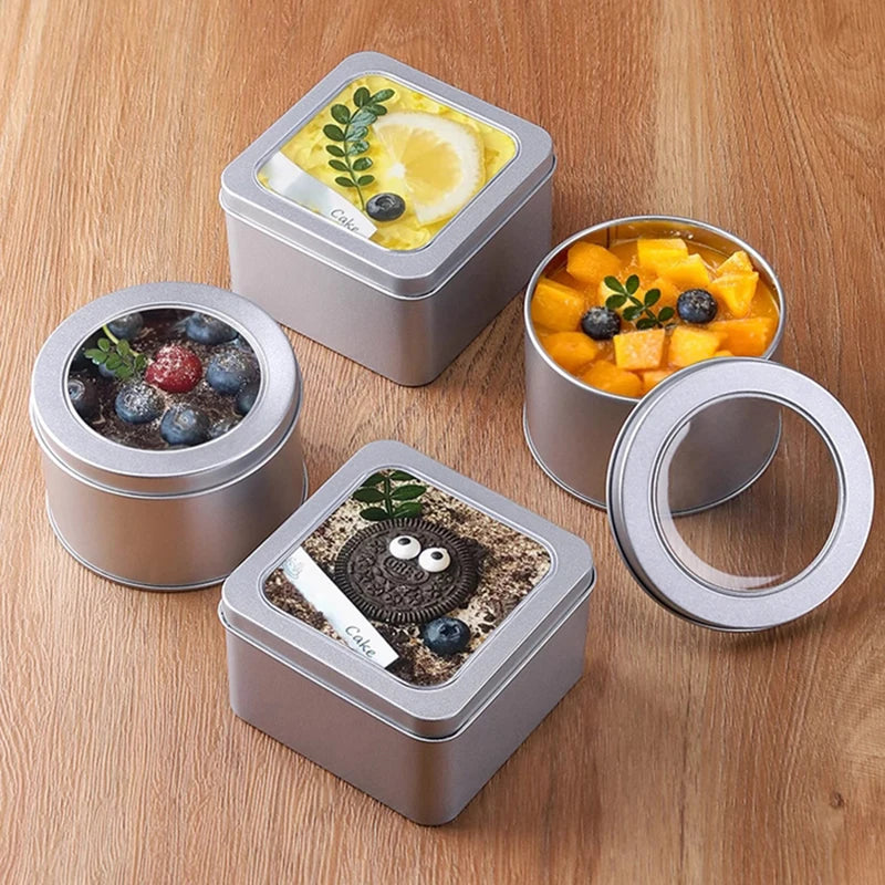 Round Square Tinplate Box Clear Window Iron Storage Box Tea Food Jar Candy Cake Boxes Jewelry Cream Cosmetic Container Empty Pot Qme
