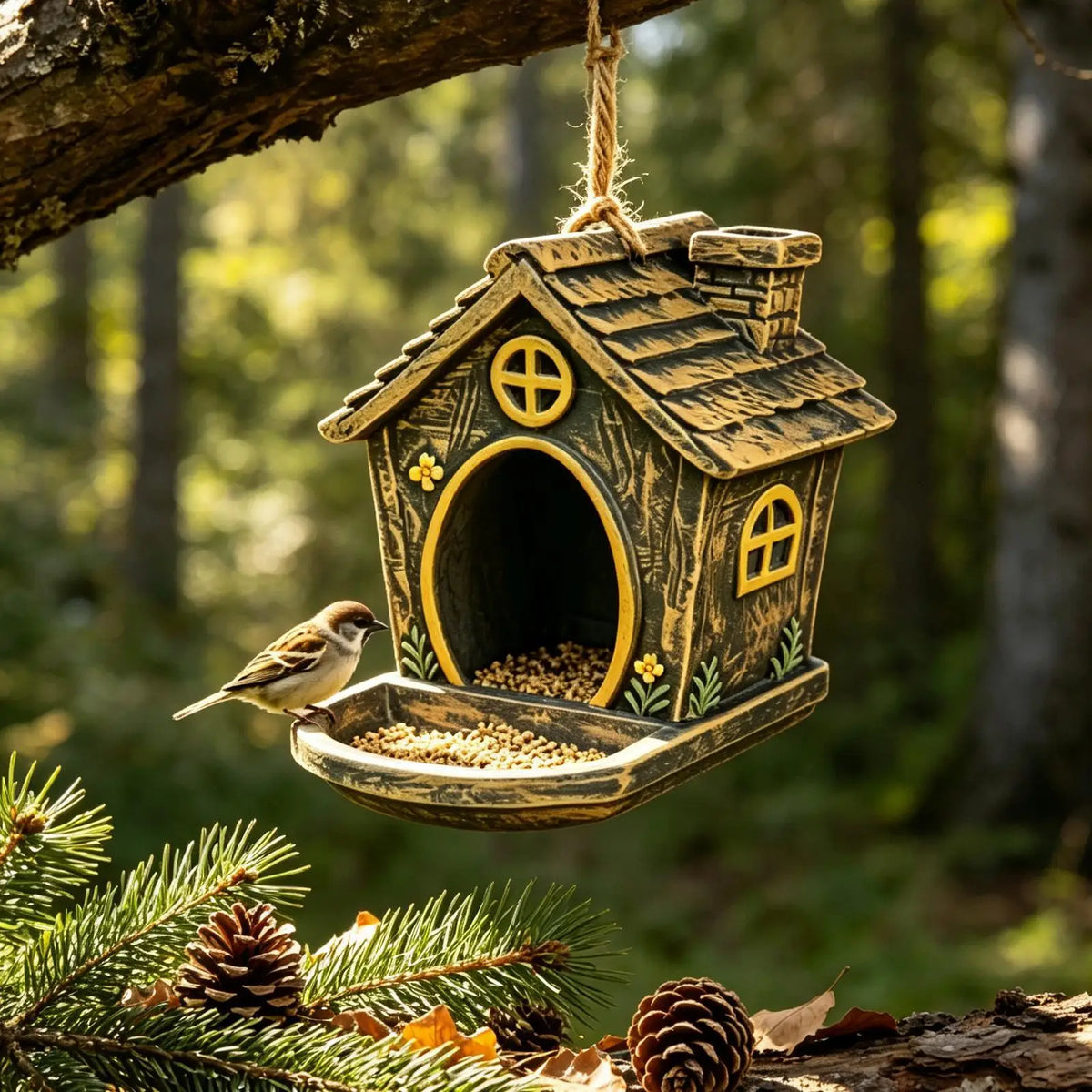 Yard Bird Feeder Vintage Cottage Shaped Outdoor Birdfeeder Patio Qme