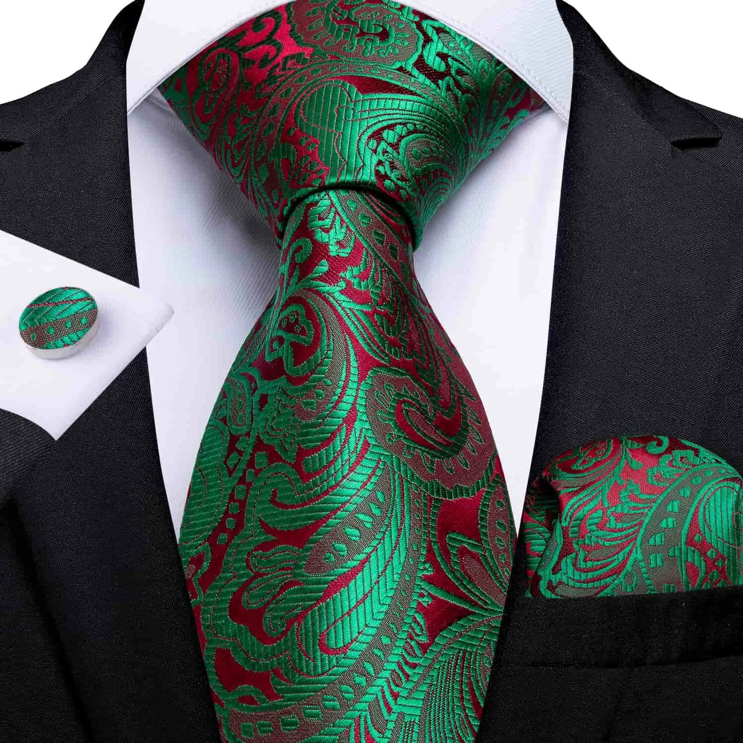 Christmas Green Tie Set 3 Pieces Men Necktie Pocket Square Cufflinks Xmas Wedding Party Suit Accessories Gifts for Dad Boyfriend Qme LDSN7280
