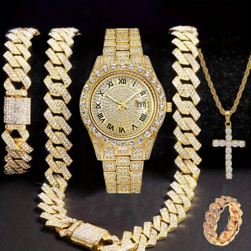Men's Full Diamond Watch and Jewelry Combo Set, Iced Out Cuban Chain + Bracelet + Cross Pendant + Ring + Watch, Perfect Gift Qme