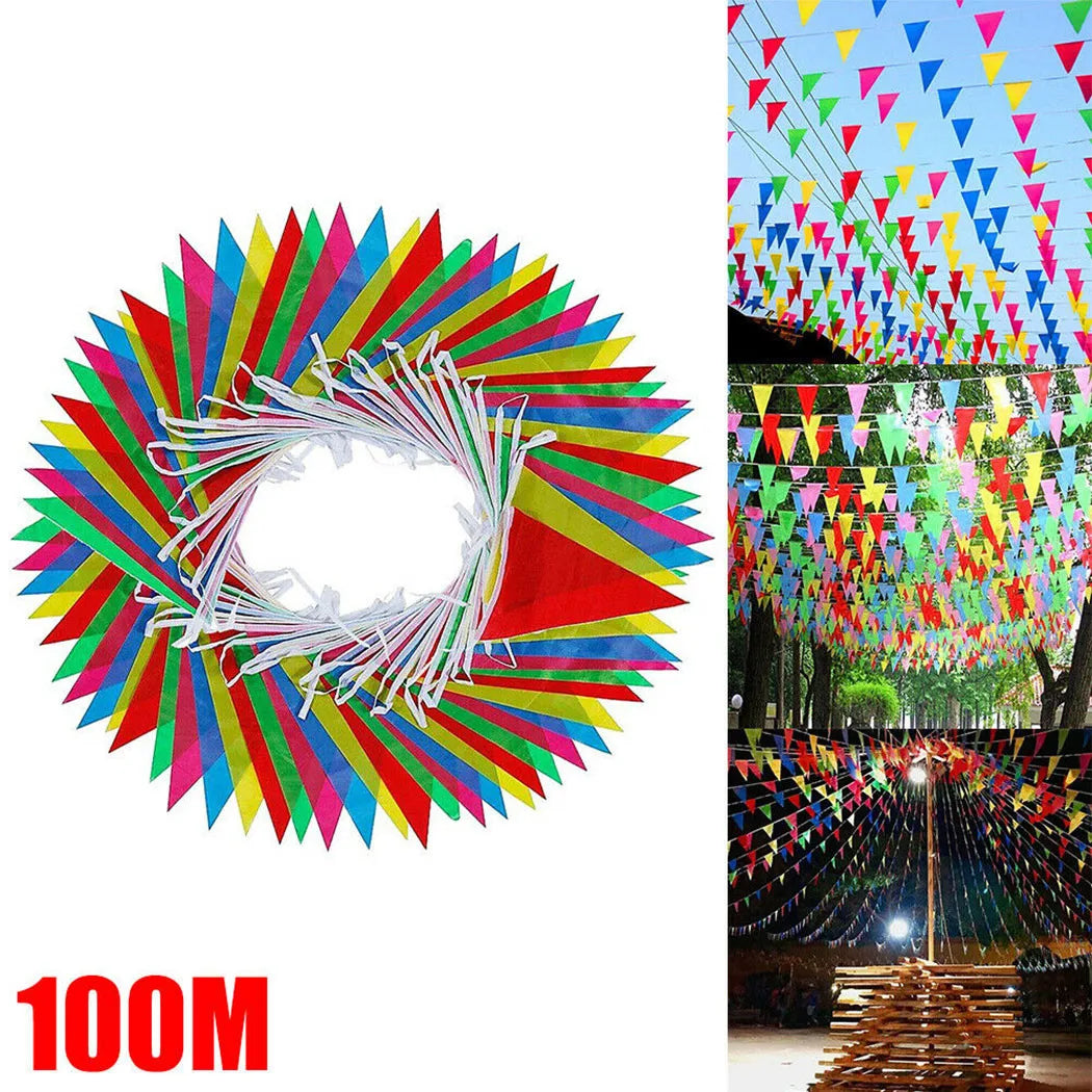 100M Multicolored Triangle Flags Bunting Party Banner Triangle Garland For Wedding Shop Street Decor Garden Kindergarten Decor Qme Default Title
