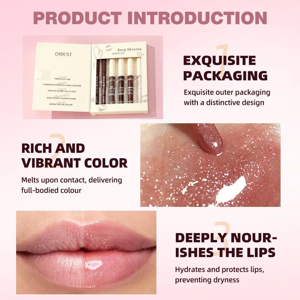 QIBEST Multi-Use Lip Makeup Sets Include 2 Lipliner,1 Liquid Lipstick,2 Mirror Lip Glaze And 1 Lip Oil Cosmetics Lipgloss Tint Qme