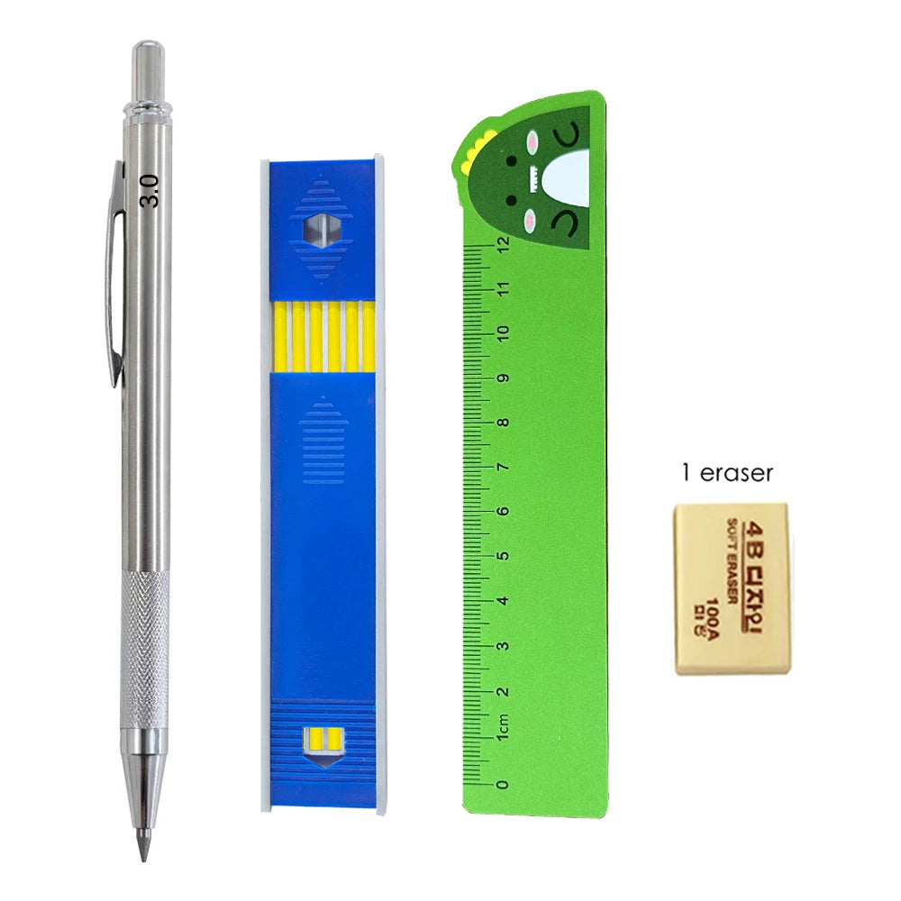 Mechanical Pencil Set 3.0mm Full Metal Art Drawing Painting Automatic Pencil with Leads Office School Supply Qme 4 PCS Set C