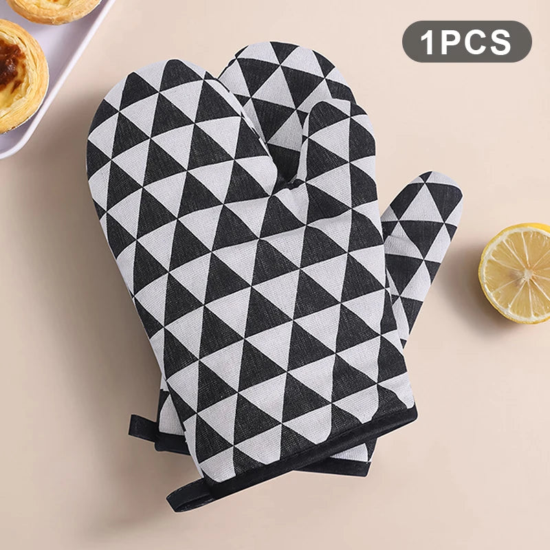 Oven Baking Gloves Mitts Microwave High-temperature Resistant Cotton Qme Black White