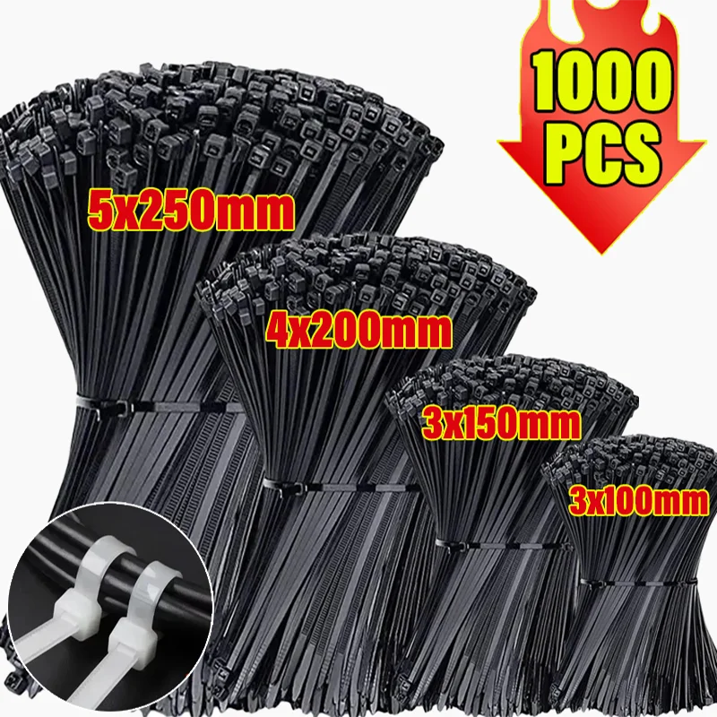 1000/100PCS Nylon Cable Ties Self-locking Cord Ties Straps Adjustable Cables Fastening plastic clamp Heat Resistant Wire Zip Tie Qme