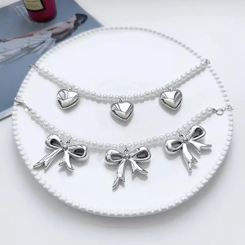 Heart Bow Charm Anklet Trouser Chain Imitation Pearl Beaded Ankle Chain Adjustable Foot Jewelry Women Girls Fashion Accessories Qme