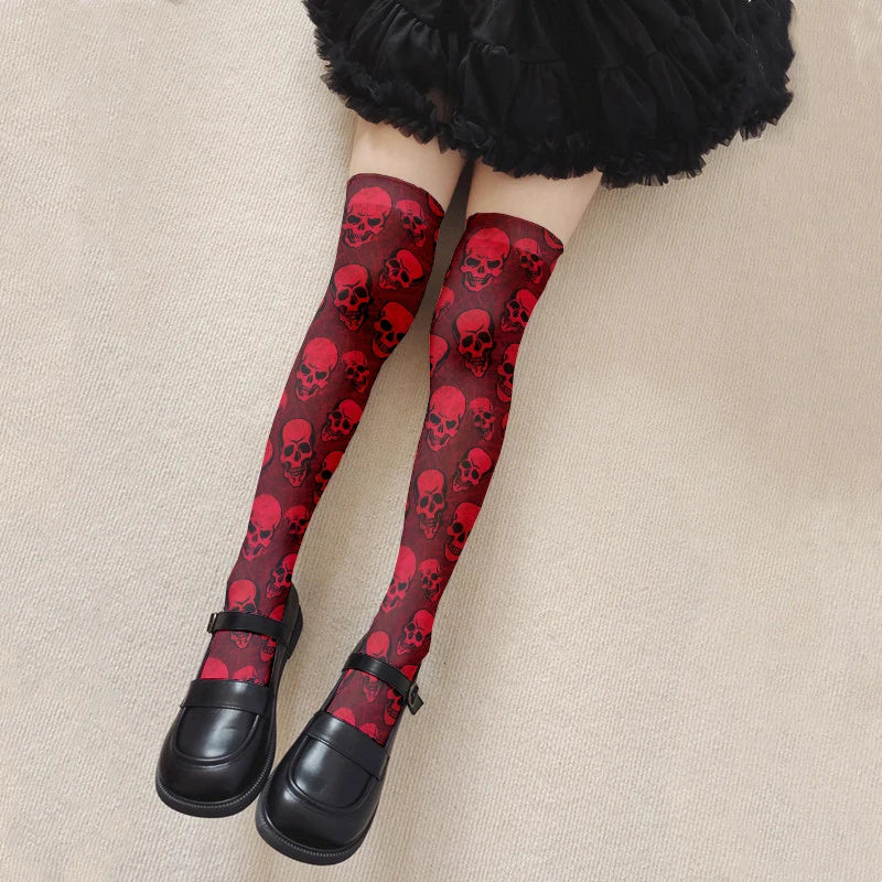 Fun Skull Pattern Women's Long Stockings Fashion Printing Trend Qme style12 One Size