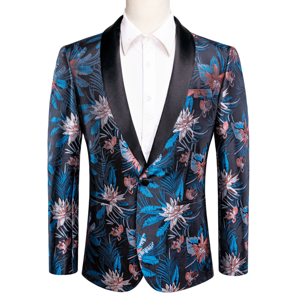 Men's Blue Red Tropical Floral Shawl Lapel Tuxedo Blazer Formal Suit Jacket Luxury Party Blazer for Wedding Prom Nightclub Qme XX-1006 S