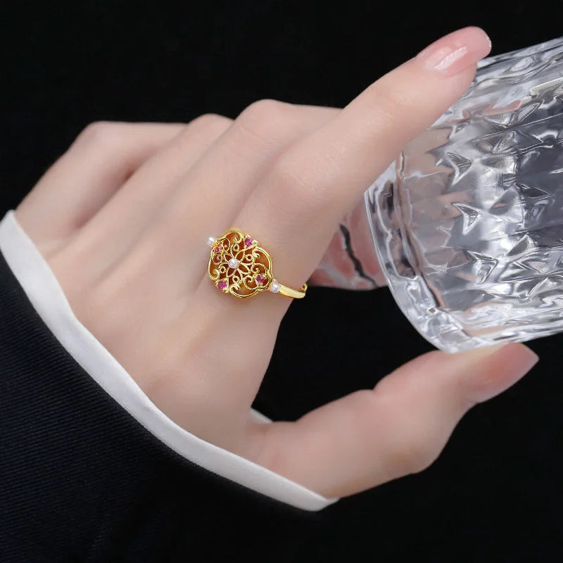 New Chinese Style Retro Palace Auspicious Ring with Adjustable Exquisite Temperament and Versatile Ring Jewelry Qme