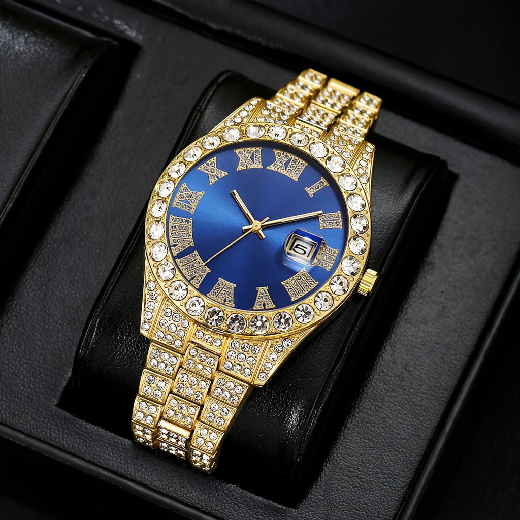 3Pcs/Set Men's Gold Iced Out Jewelry Set, Blue Dial Quartz Watch + Lion Head Pendant Necklace + Beaded Bracelet, Hip Hop Style Qme