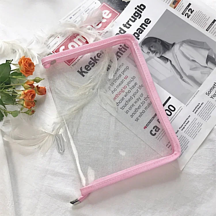 A5 Transparent Glitter PVC File Bag Student Stationery Storage Ins Color Wrapped Zipper Bag Simple Plastic Material Storage Bag Qme Pink