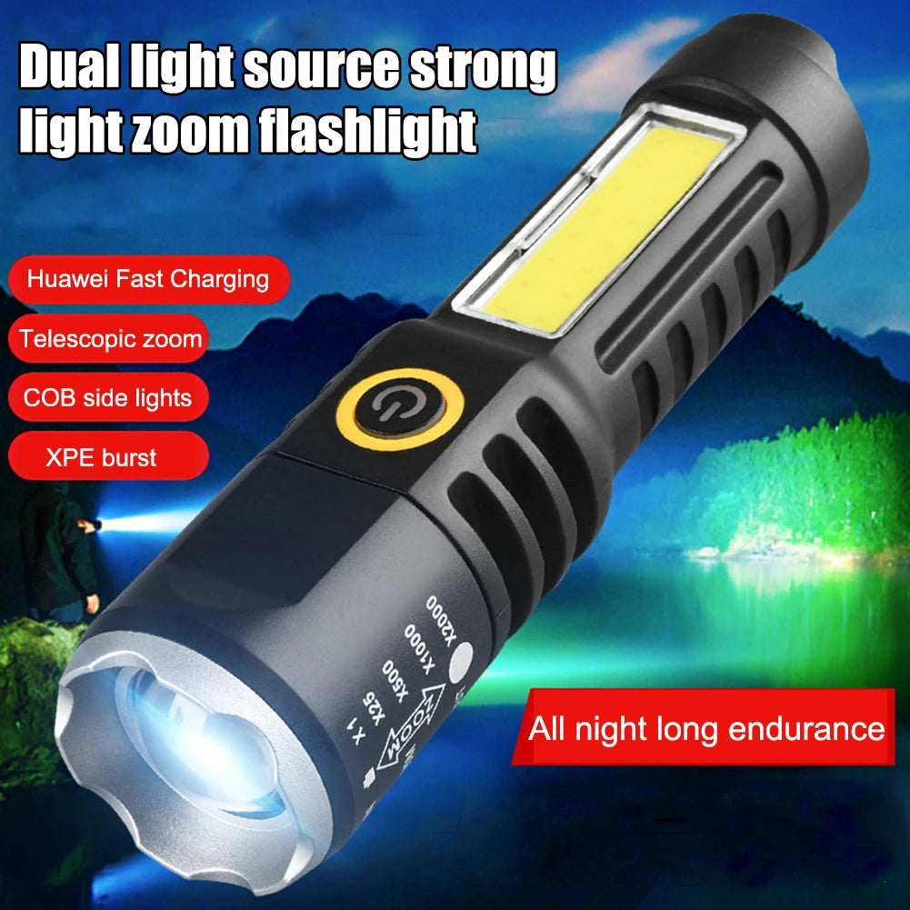 Waterproof Emergency Torch Telescopic Zoom XPE COB LED Torch Light Lamp Type-C USB Charging Torch Flashlight 4 Modes for Fishing Qme