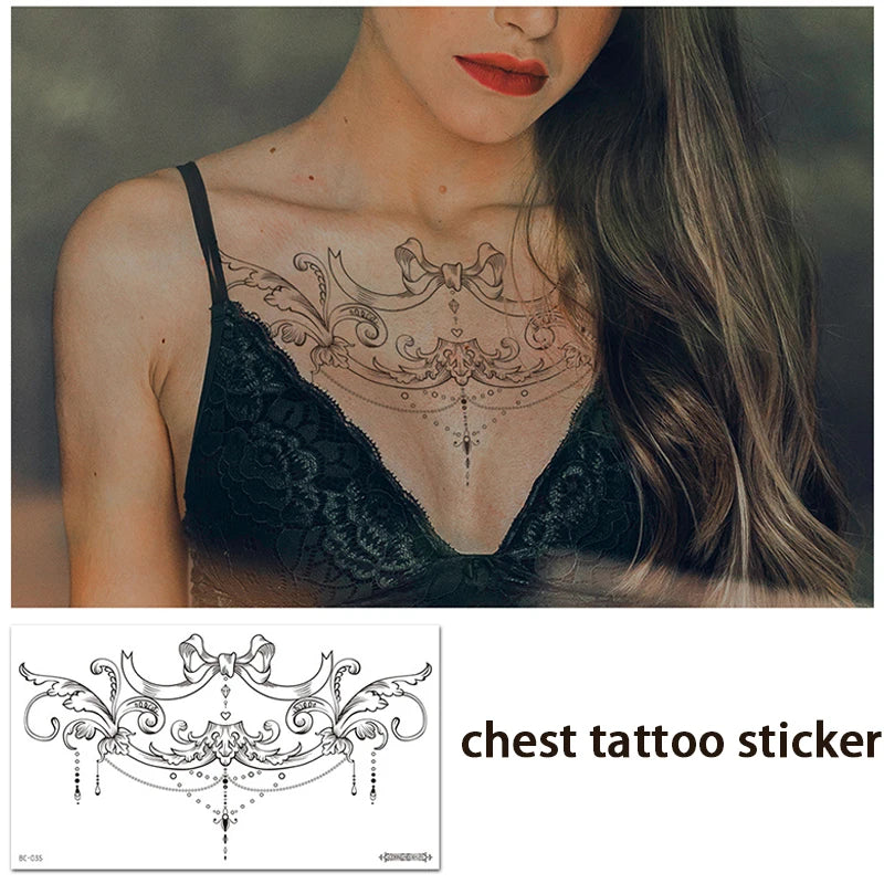 Black element sexy bow chest tattoo sticker, wave pattern, back and abdomen realistic temporary waterproof sticker. Qme