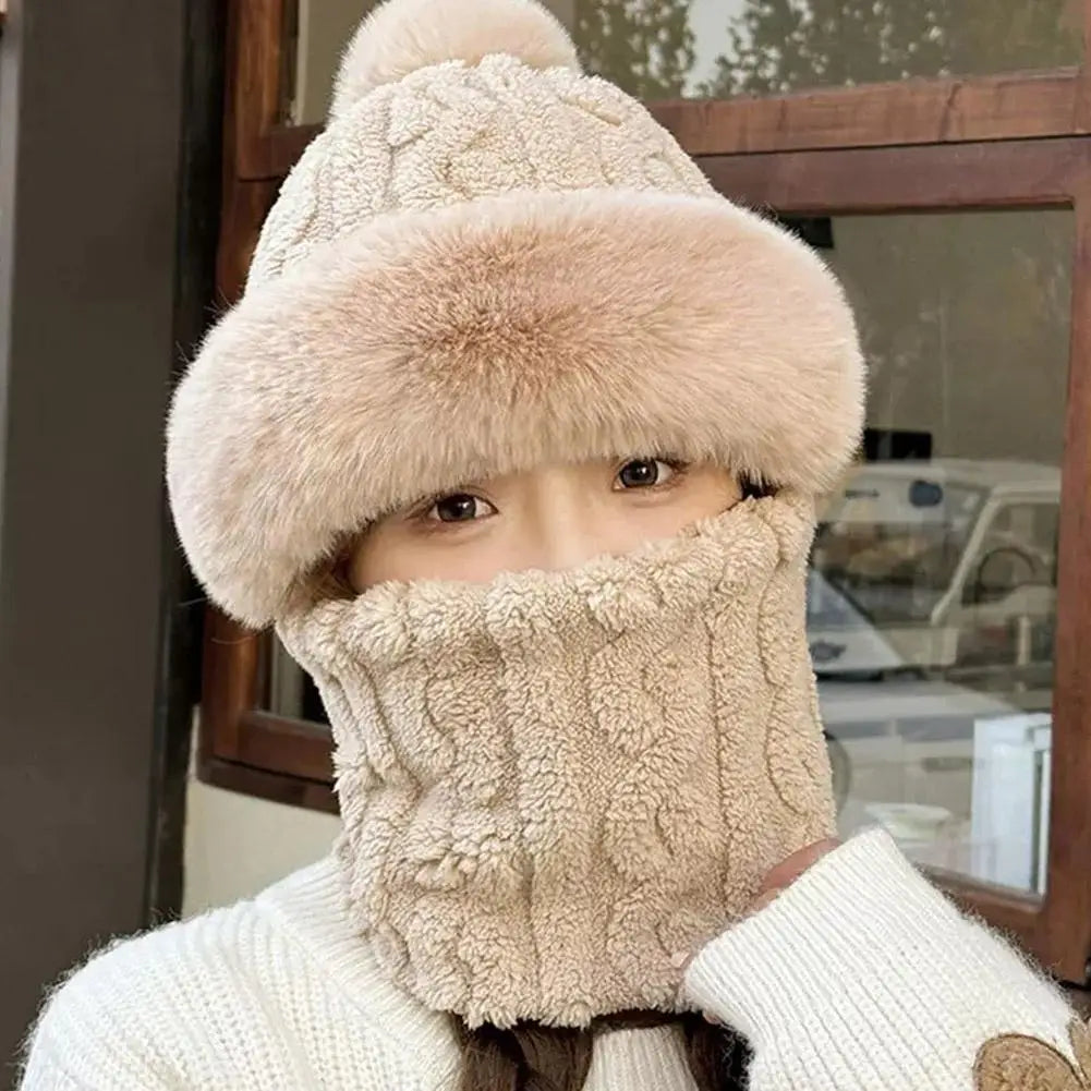 Women's Autumn Winter Thickened Scarf Mask Integrated Ear Protection Windproof Hat Parent-Child Children's Warm Head Cover Cap Qme