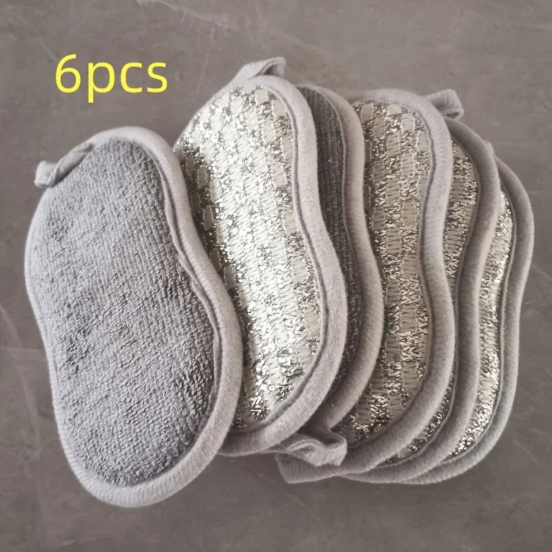 Silver wire sponge block, kitchen multi-functional double-sided dishwashing sponge - reusable and machine washable, Qme 6pcs