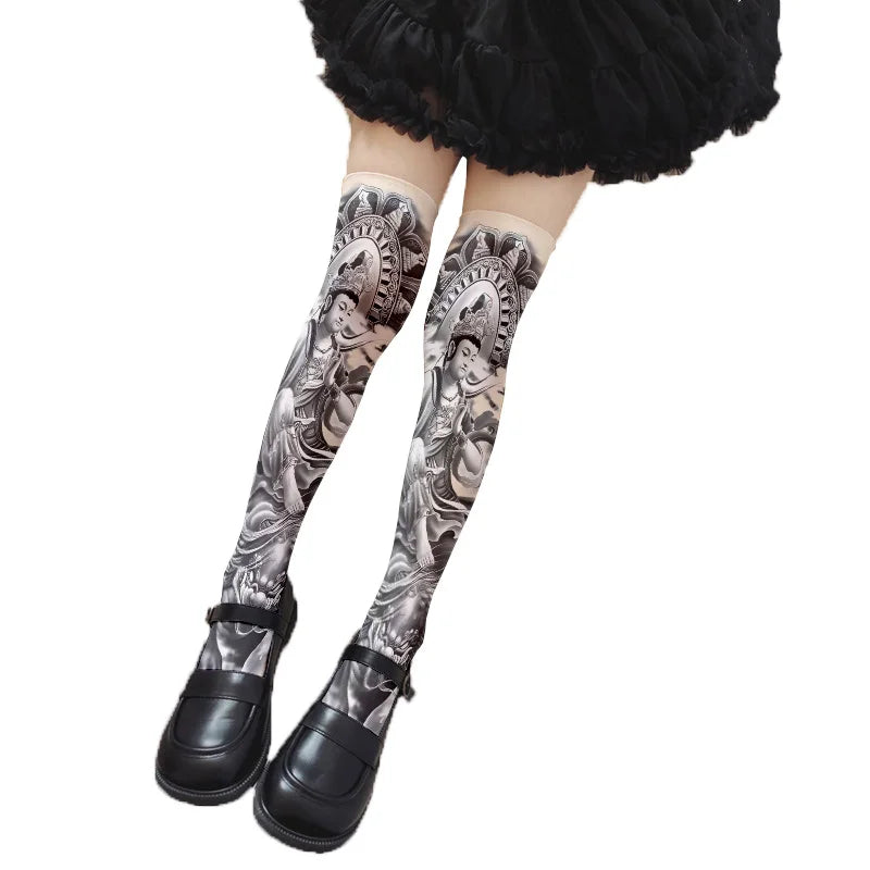 Sexy Long Tube Thigh-high Stockings Imitation Tattoo Pattern Velvet Qme style6 60cm