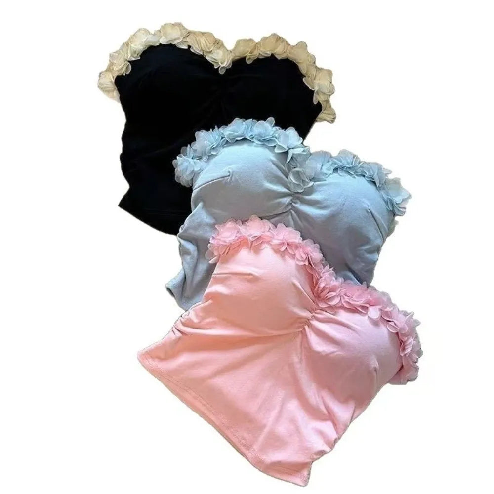 Socialite Style 3D Flower Camisole 3D Flower Decoration Slim Fit Tanks Suspender Vest Wrap The Chest Sleeveless Qme