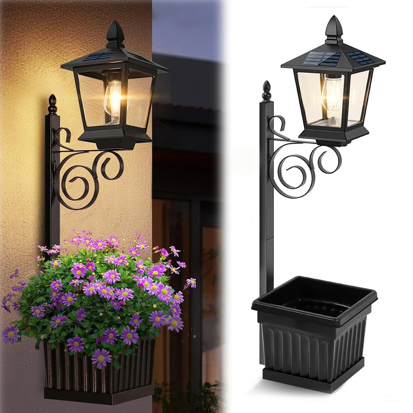 2-in-1 Solar Planter Lamp Waterproof IP54 Vintage Solar Porch Light Auto On/off Sensor Front Porch Decor (No Flowers Included) Qme