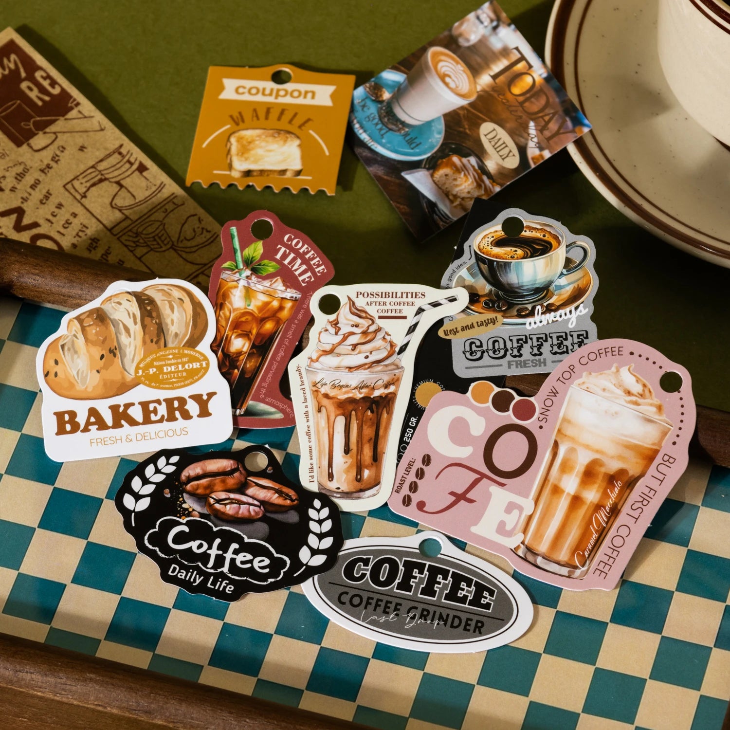 30 Sheets Coffee Theme Punch Hole Stickers for DIY Scrapbooking Guitar Phone Case Notebook Decoration Qme