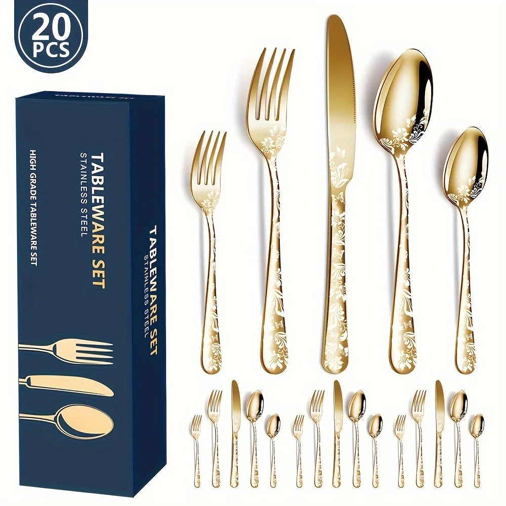 20 piece set, 1 set for home kitchen, Western cuisine, steak pattern, knife, fork, spoon set Qme Gold