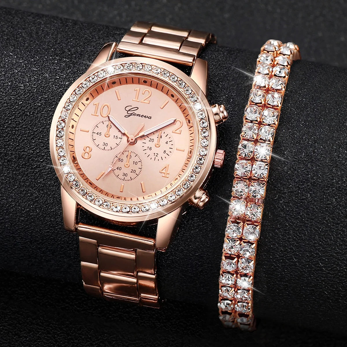Relógios de pulso de quartzo com strass para mulheres, pulseira de aço dourado, pulseira de diamante sem caixa, fashion, 2PCs Qme Rose Gold Set