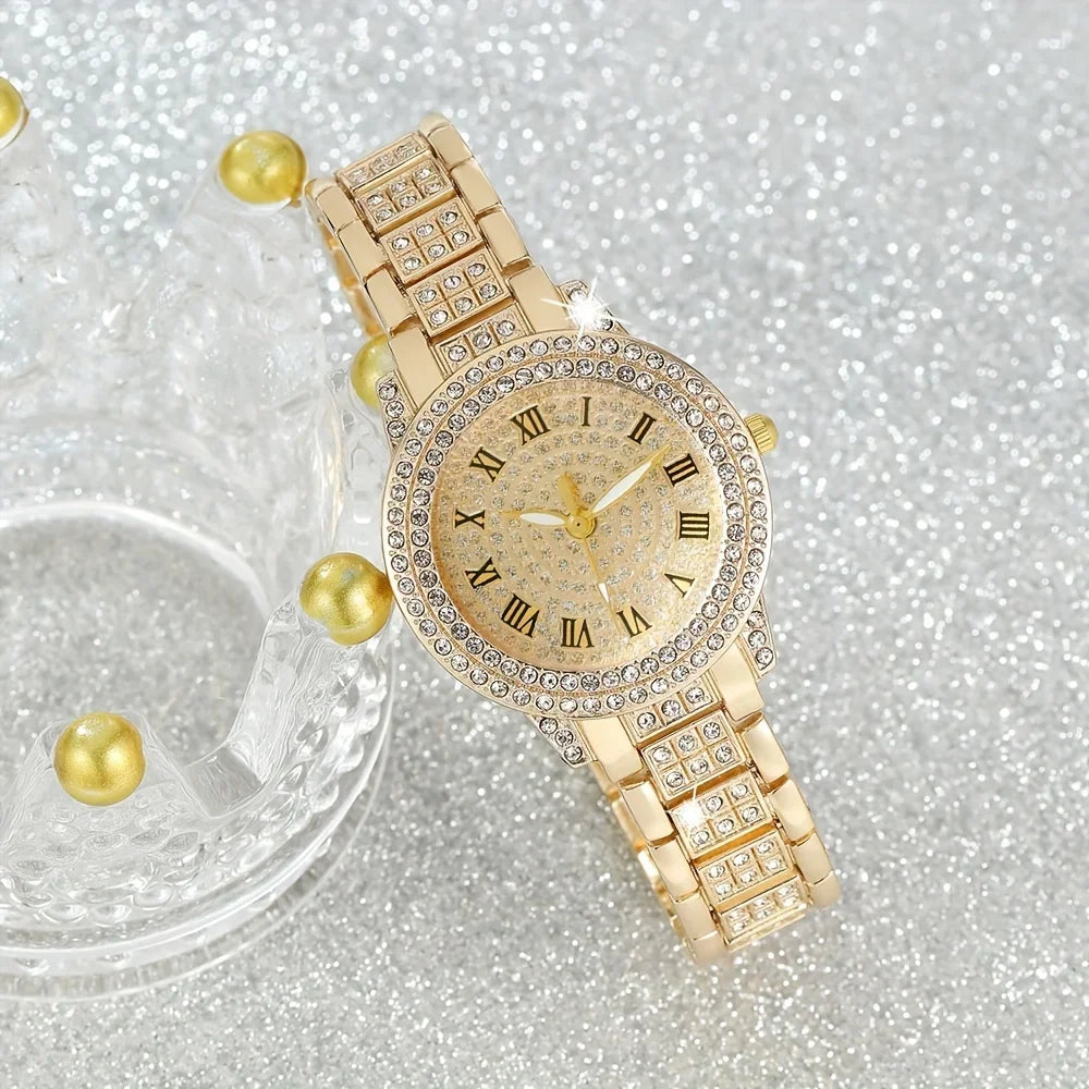 6pcs/set Women's Luxury Rhinestone Quartz Watch Golden Fashion Analog Wrist Watch & Bracelets, Gift For Mom Her Qme