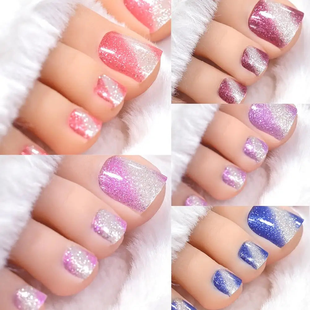 Gradient Glitter Toe Nail Stickers Full Wraps Toenail Polish Strips Qme