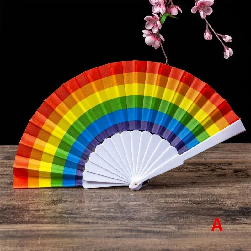 Plastic Hand Crank Fan Foldable Oriental Rainbow Silk Fabric Pocket Qme A
