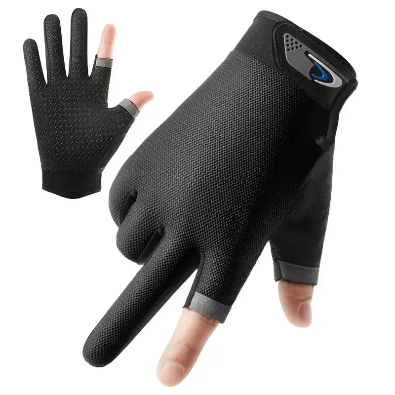 Summer Men Fishing Gloves Women Two Finger Cut Male Touchscreen Qme black One Size