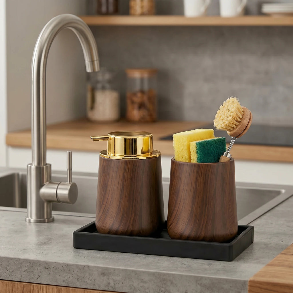 Cotton Lotion Hand Toothpaste Brush Storage Countertop Accessories Walnut Foam Soap Dispenser Bottle Set for Kitchen Bathroom Qme