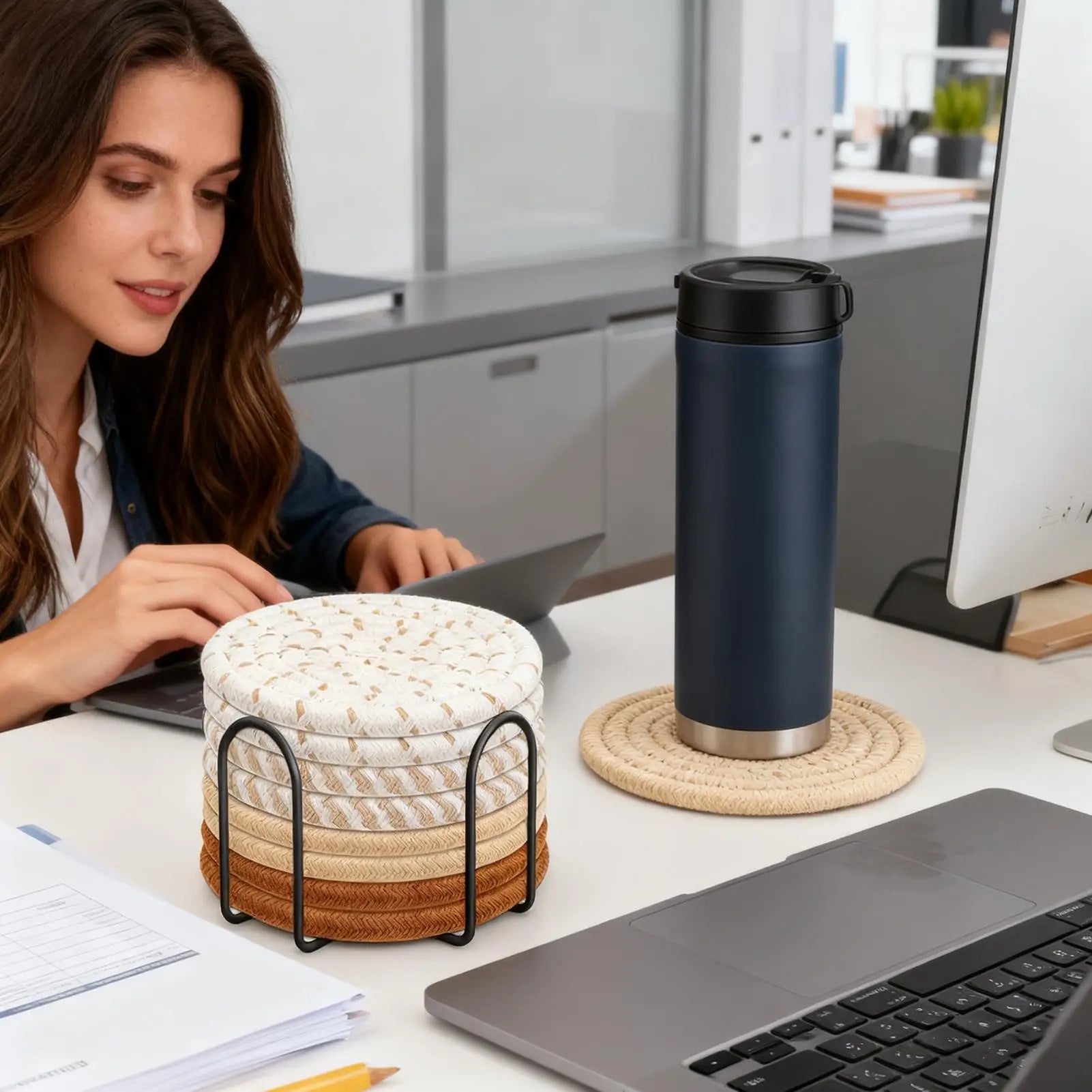 Absorbent Coasters 8 Pieces Absorbent Cup Mat With Holder 4.3 Inch Heat-Resistant Cotton Rope Desk Coaster For Table Home Coffee Qme China Mainland