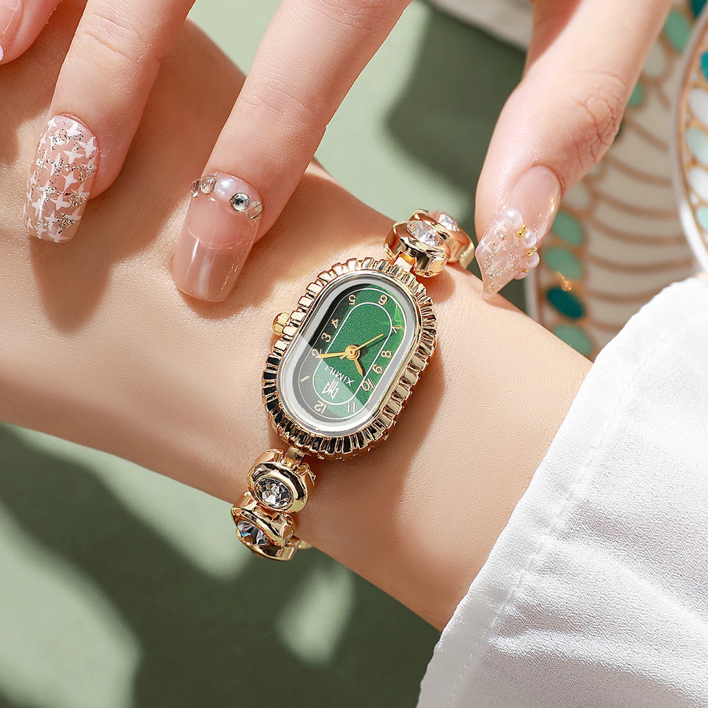 Women's Luxury Crystal Watch Gold Tone Oval Green Dial Elegant Qme