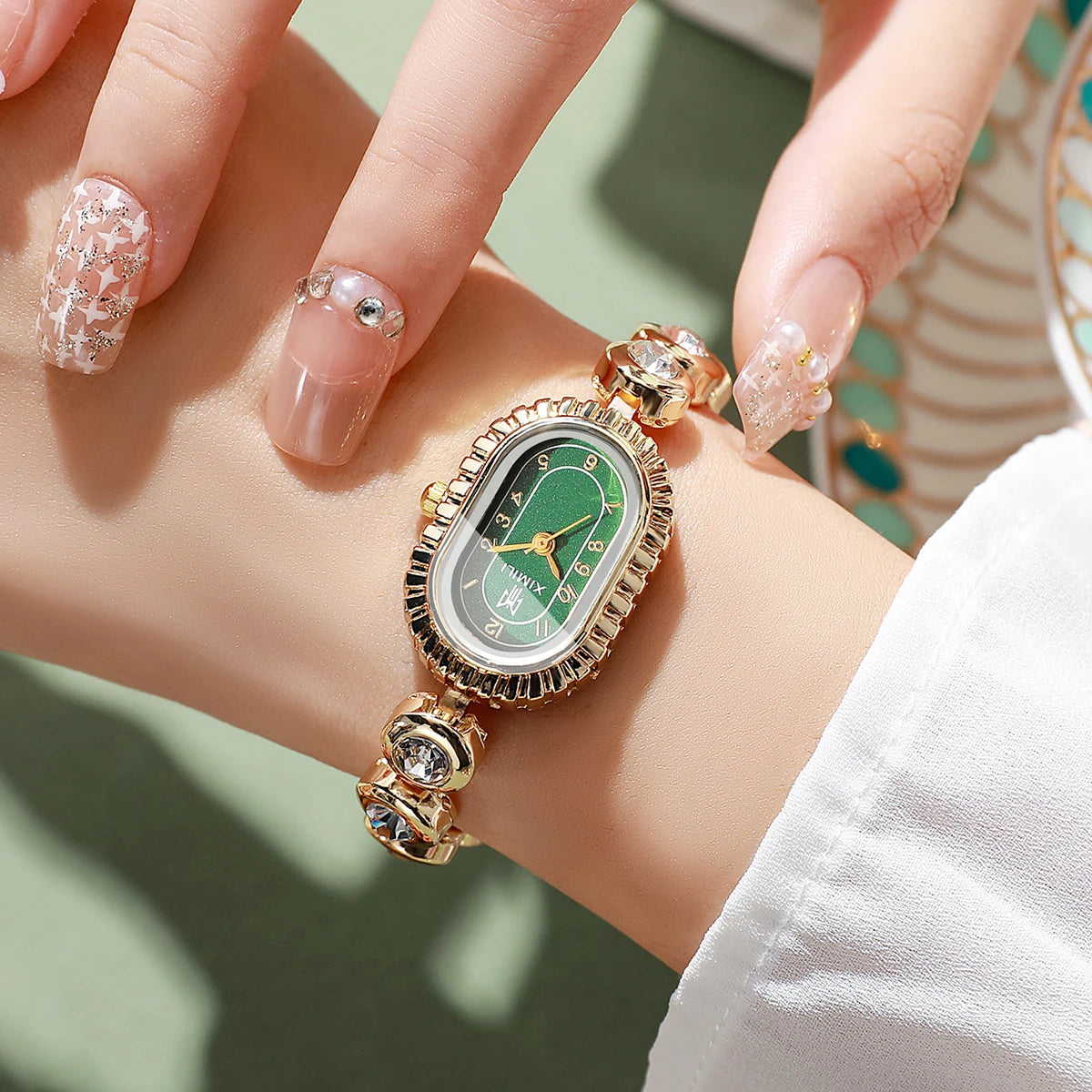 Women's Luxury Crystal Watch Gold Tone Oval Green Dial Elegant Qme