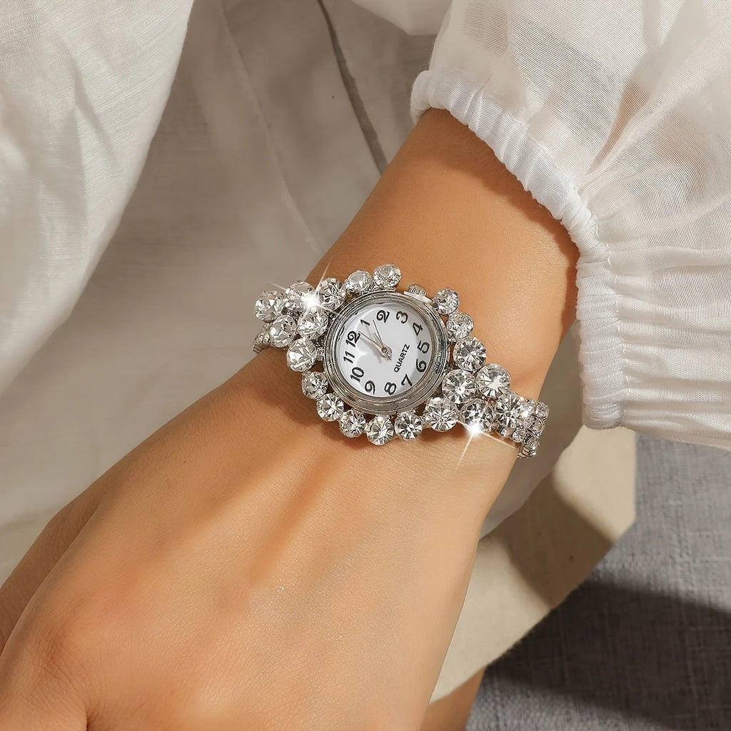 1pc Rhinestone Decor Quartz Watch Elegant Arabic Numeral Dial Wristwatch With Bracelet Design Watchband Qme silver