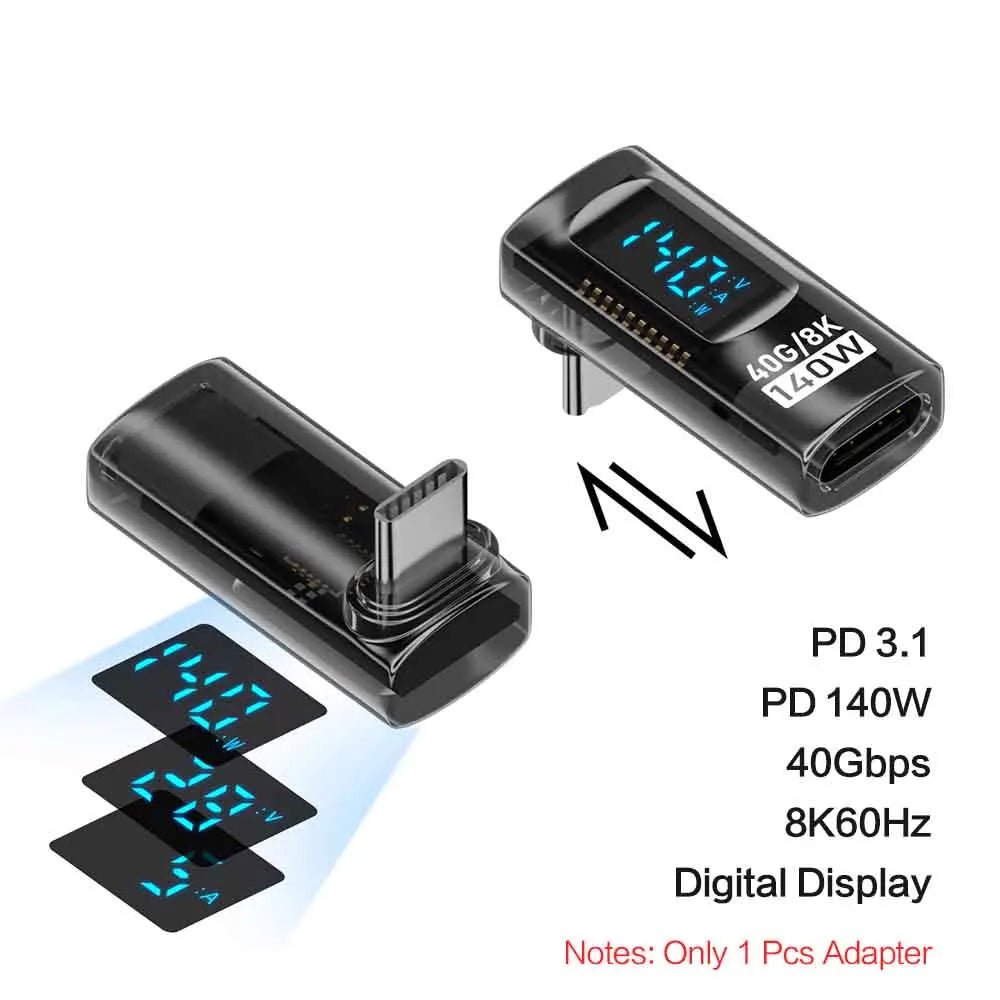 USB 4 Type C Adapter 40Gbps 140W 90 Degree USB C Adapter for Thunderbolt 4 3 Cable Connector Right Angle U Shape Digital Display Qme black Transparent LW
