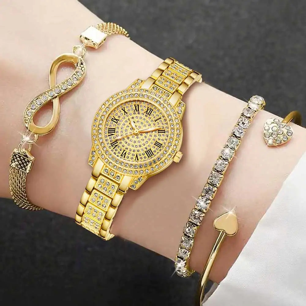 Full Diamond Roman Dial Women's Gold Watch Unlimited Symbol Bracelet Love Bracelet Three Piece Set Accessories Qme Gold