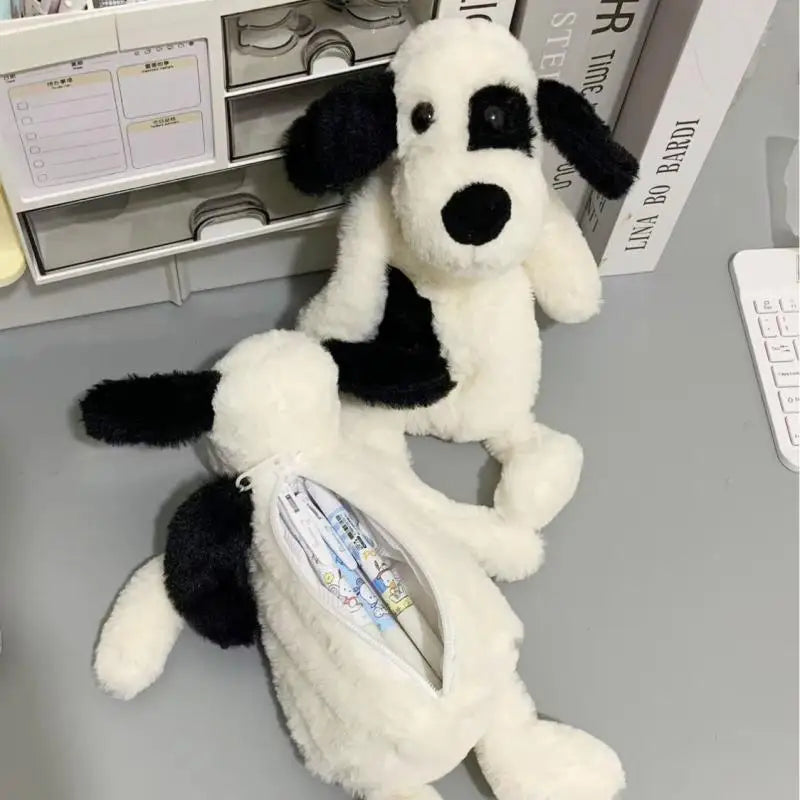 Cute Black White Plush Puppy Pencil Case Cartoon Portable Cosmetic Qme