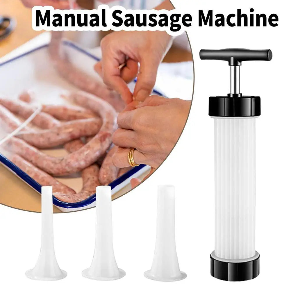 Manual Sausage Maker with 3 Stuffing Nozzles - Handheld Sausage Filler, Home Kitchen Sausage Stuffer Tool for Homemade Sausages Qme