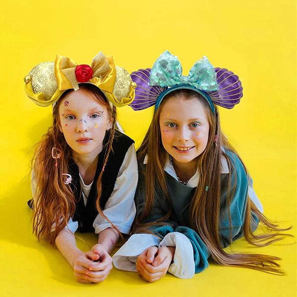 Mickey Mouse Princess Belle Headband Mermaid Minnie Ears Plush Headwear Children Toys Festival Party Decoration Hair Accessories Qme