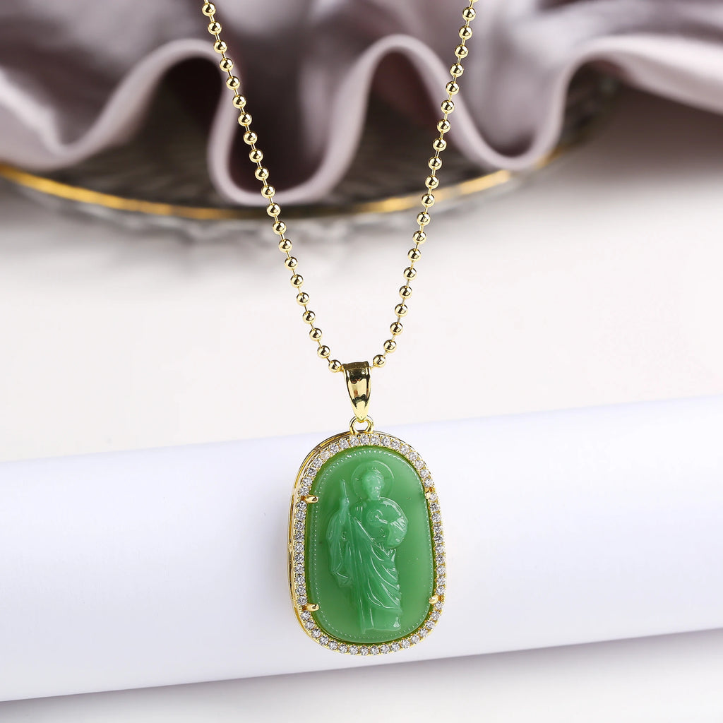 High Quality Creative Shiny Zirconia Crystal St. Jude Pendant Necklace Classic for Man Woman Religious Fine Jewelry Party Gift Qme Gold Green