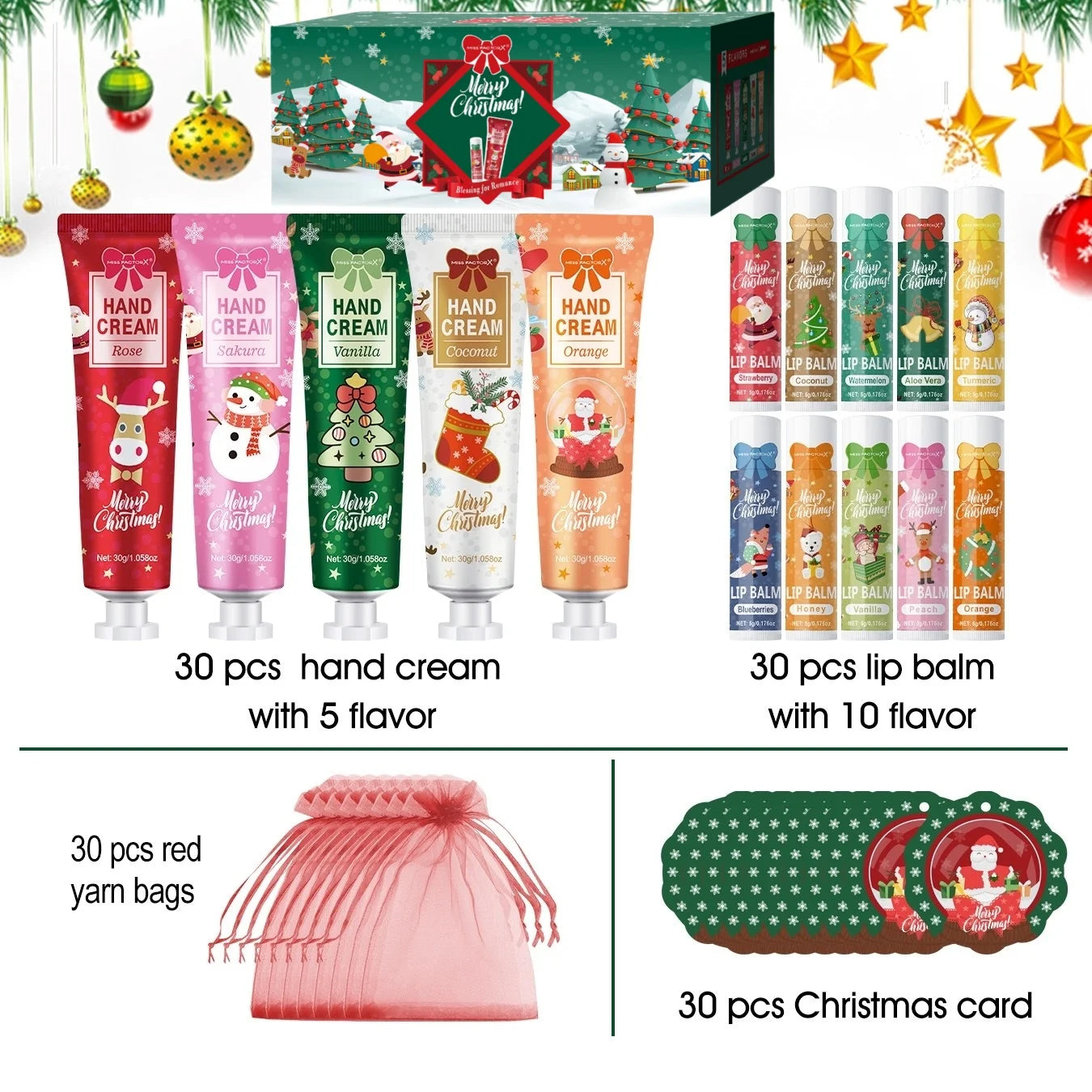 Christmas Gift Set Distribution 120PCS/Box in Bulk, Lip Balm in Bulk, Hand Cream in Bulk, Christmas Cards, Gift Gauze Bags Qme Christmas gift set