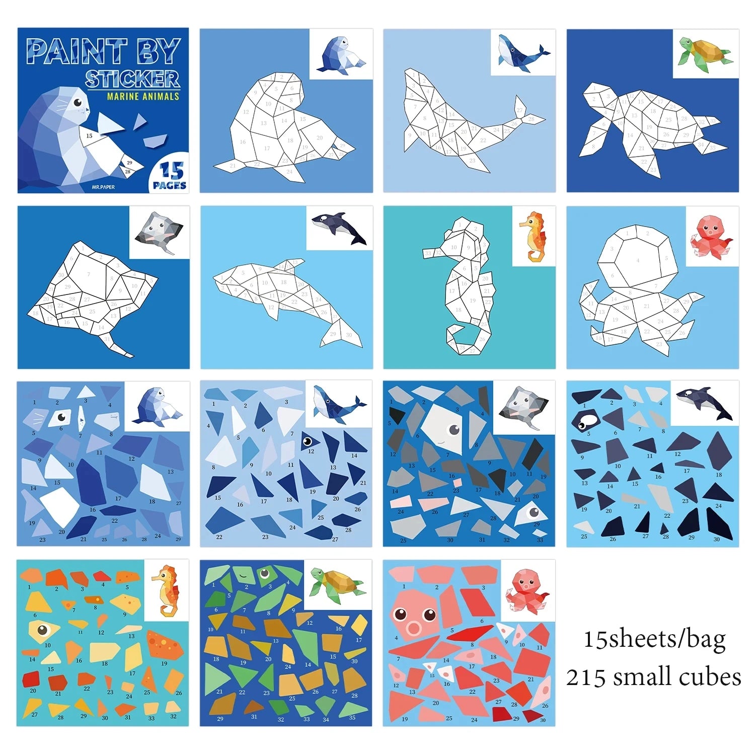 4 Styles Cute Animal Puzzle Sticker Books, Educational Toys for Kids Ages 3+, Fun Learning Activities for Toddlers and Children Qme Marine animals