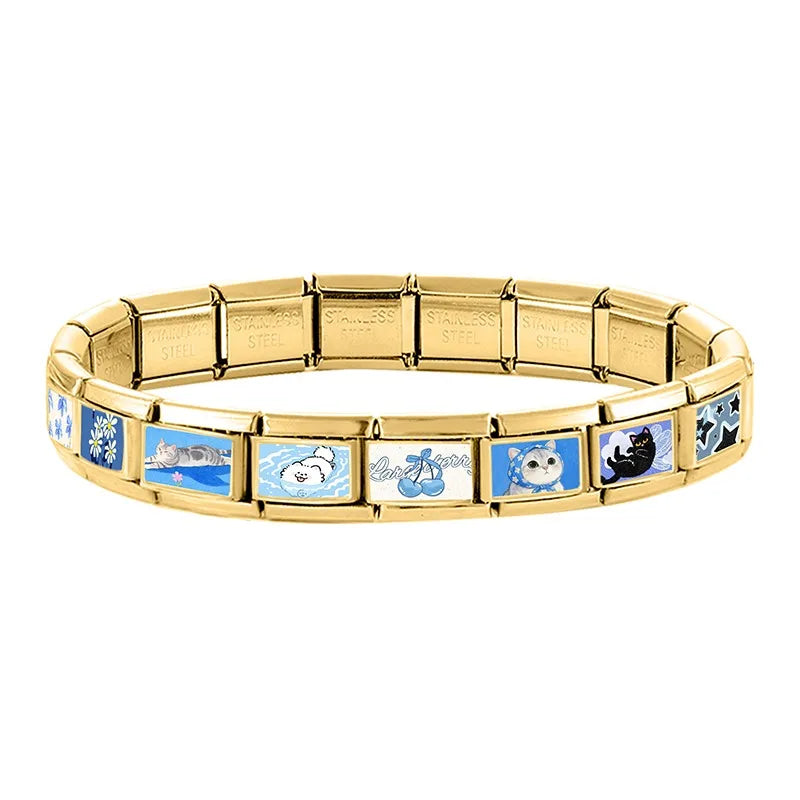 2026 Design Blue Pink Headscarf Kawai Cats Series Italian Charm Links Stainless Steel Fit 9mm Bracelet Jewelry DIY Making Gifts Qme