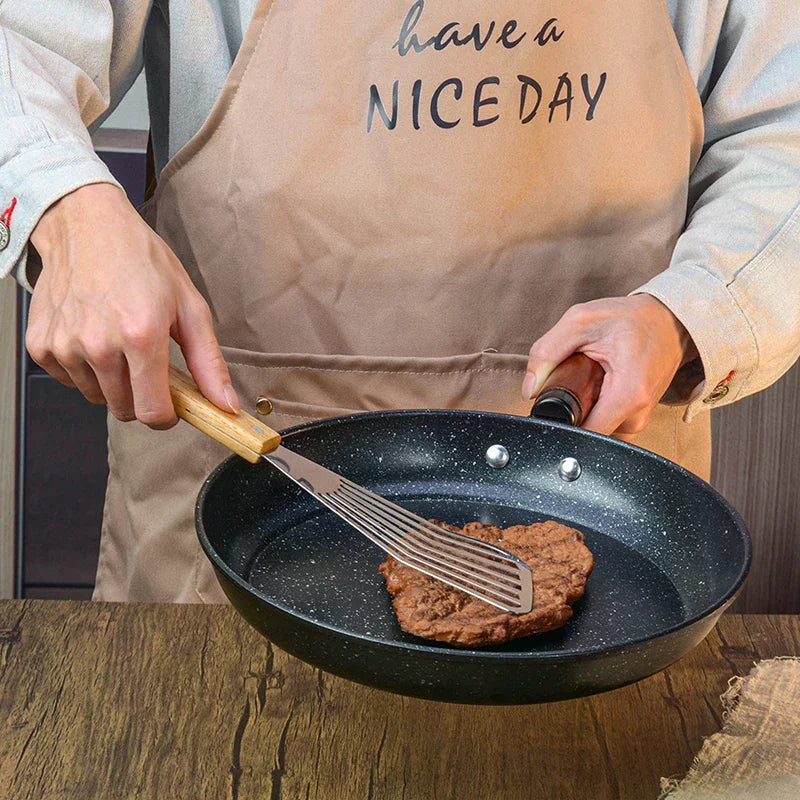 Stainless Steel Slotted Turner Fish Frying Shovel With Wooden Handle Fan-shaped Shovel Household High-temperature Frying Shovel Qme