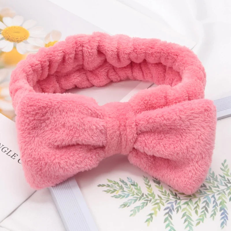Soft Bow Headbands SPA Yoga Big Solid Coral Fleece Elastic Hair Bands Qme CORAL RED