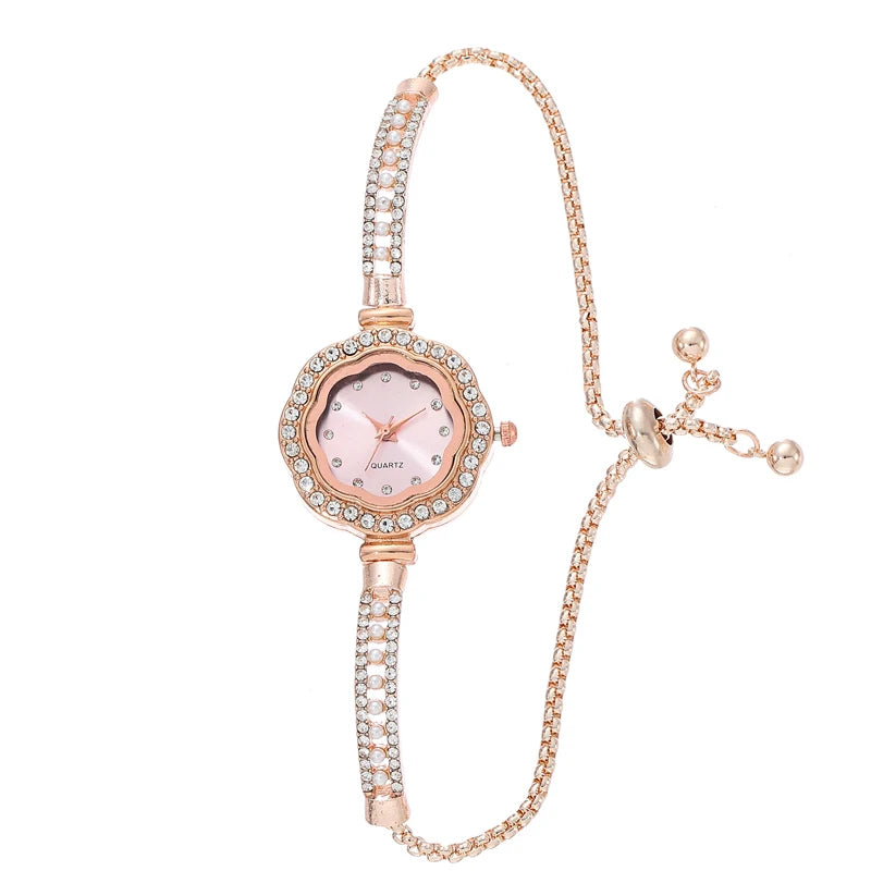 1pcs Floral Colorful Dial Fashion Small Light Luxury Pearl Strap Women's Watch Features Pulling Bracelet Qme Brown