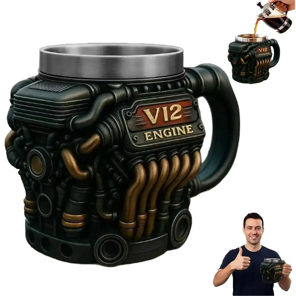 Engines Stainless Steel Cup Handmade V12 Engines Coffee Cup For Car Enthusiasts Tea Mug For Home Or Office Unique 3D Gifts Qme