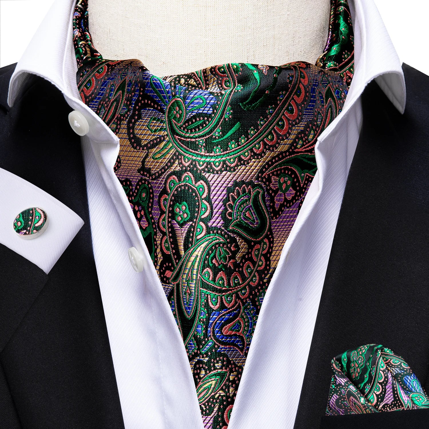 Silk Mens Ascot Black Pink Blue Red Gold Green Purple White Beige Cravat Tie Hanky Cufflinks for Male Wedding Business Prom Gift Qme