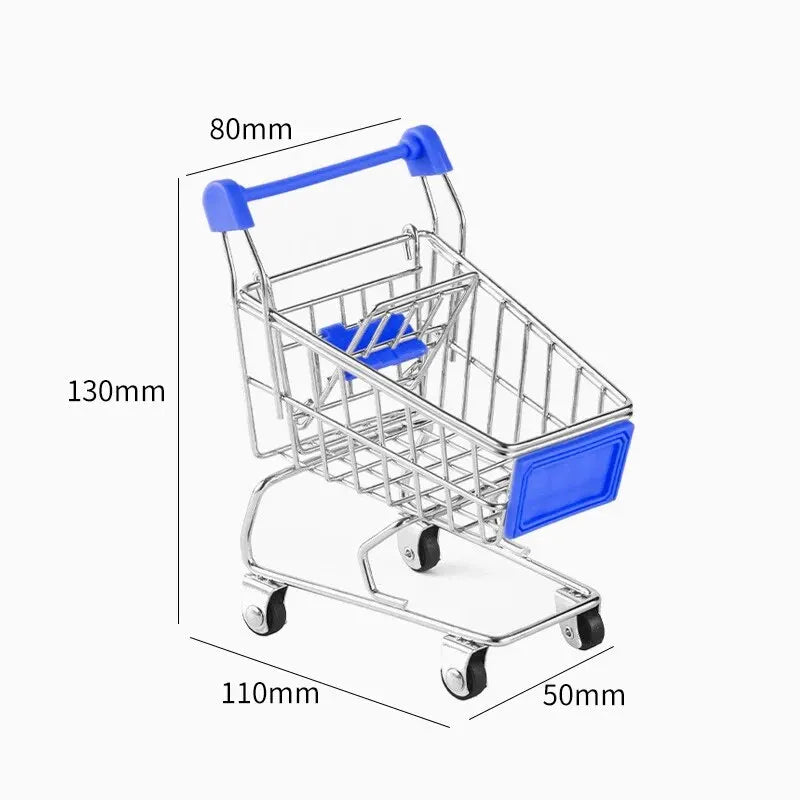 Children's Mini Simulation Shopping Cart Model Hand Cart Metal Model Storage Car Desktop Multifunction Storage Ornament Model Qme Blue
